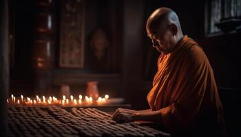 uma sereno monge meditando, segurando uma vela, simbolizando espiritualidade gerado de ai foto