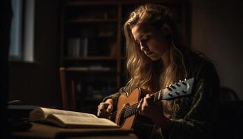 uma jovem mulher sentado confortavelmente, arrancar a acústico guitarra dentro de casa gerado de ai foto