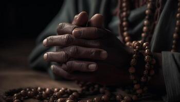 Rezar mãos aguarde rosário miçangas, símbolo do africano catolicismo cultura gerado de ai foto