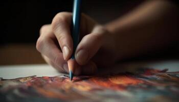 criativo artista mão detém lápis, coloração infância imaginação em papel gerado de ai foto