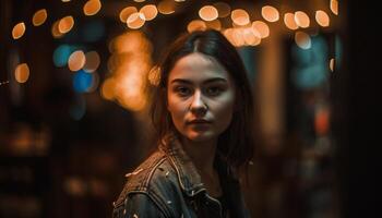 1 jovem mulher, iluminado de rua luz, sorridente às Câmera gerado de ai foto