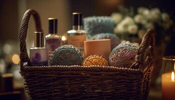 aromaterapia vela e beleza produtos adornar vime cesta em mesa gerado de ai foto