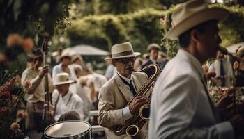 uma grupo do músicos segurando flautas sopro dentro uma parada gerado de ai foto