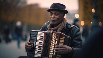 1 homem, uma guitarrista, habilmente tocam dele acústico guitarra ao ar livre gerado de ai foto