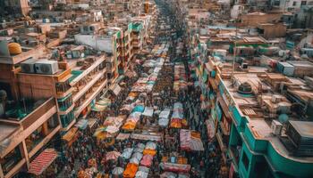 lotado cidade rua com ampla variedade do mercadoria para venda gerado de ai foto