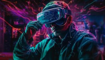 uma futurista homem de negocios jogando uma digital vídeo jogos às noite gerado de ai foto