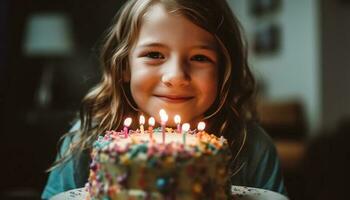 fofa caucasiano menina sorridente com alegria às aniversário festa celebração gerado de ai foto