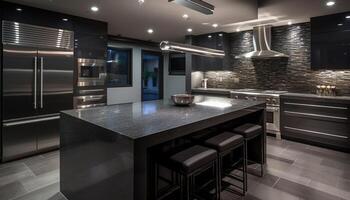 luxo cozinha Projeto com inoxidável aço eletrodomésticos e mármore bancadas gerado de ai foto