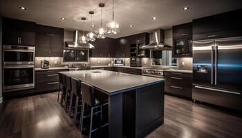 moderno luxo cozinha Projeto com elegante inoxidável aço eletrodomésticos e materiais gerado de ai foto