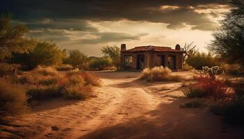 tranquilo pôr do sol sobre abandonado velho ruína dentro rústico rural panorama gerado de ai foto
