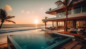 idílico bangalô dentro tranquilo caribe, cercado de tropical beleza e luxo gerado de ai foto