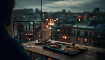 gourmet refeição, doce sobremesa, vinho, e paisagem urbana crio celebração ambiente gerado de ai foto