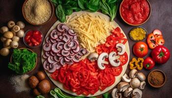 fresco orgânico legumes e grelhado carne em rústico de madeira mesa gerado de ai foto