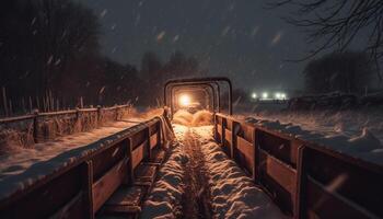 inverno noite, neve coberto natureza, ao ar livre floresta, panorama árvore, estação Sombrio gerado de ai foto