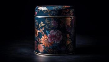 ornamentado Antiguidade vaso com floral padronizar em rústico de madeira fundo gerado de ai foto