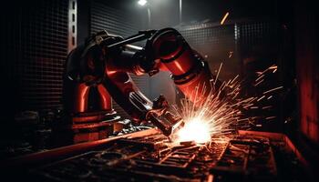 metal trabalhadores usar Soldagem tochas para reparar maquinaria dentro fábricas gerado de ai foto