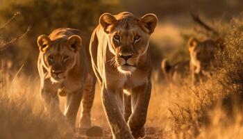 majestoso leoa e dela filhote caminhando dentro a africano savana gerado de ai foto