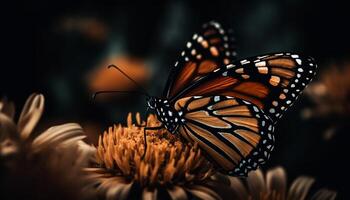 vibrante monarca borboleta poliniza solteiro amarelo flor dentro primavera gerado de ai foto