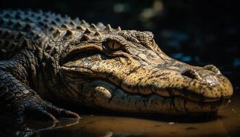 ampla crocodilo em repouso dentro pântano, Está dentes e olho visível gerado de ai foto