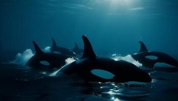 majestoso embaixo da agua paisagem, brincalhão golfinho e corcunda baleia dentro movimento gerado de ai foto