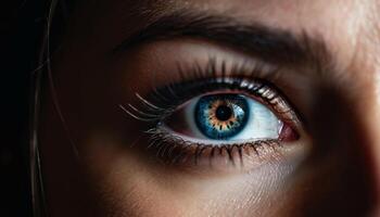 azul olhos jovem mulher elegância e sensualidade capturado dentro macro retrato gerado de ai foto