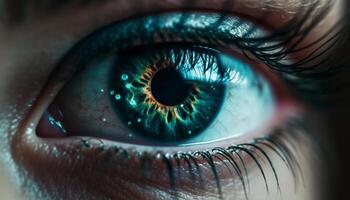 azul olhos mulher encarando às Câmera, íris e Cílio dentro foco gerado de ai foto