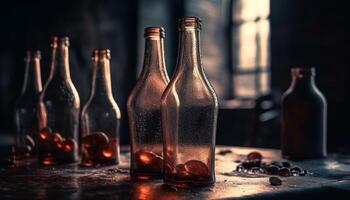 Sombrio líquido dentro vidro garrafa em de madeira mesa, refrescante beber gerado de ai foto