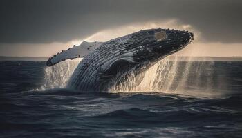 majestoso corcunda baleia violações, espirrando dentro azul mar água gerado de ai foto