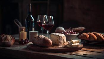 rústico mesa com fresco orgânico refeição, vinho garrafa, e queijo gerado de ai foto