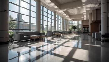 futurista lobby com Novo materiais, vidro paredes, e aço teto gerado de ai foto