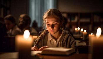 caucasiano menina estudando literatura de luz de velas dentro biblioteca às noite gerado de ai foto