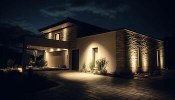 moderno arquitetura ilumina esvaziar luxo casa exterior às crepúsculo gerado de ai foto