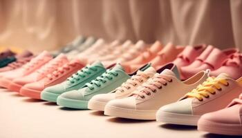 variedade do moderno Esportes sapatos dentro multi colori coleção às varejo loja gerado de ai foto