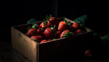 suculento baga frutas dentro uma rústico de madeira engradado para saudável Beliscando gerado de ai foto