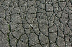 uma rede do Preto rachaduras em a asfalto superfície. estrada textura com resistido superfície, exibindo a efeitos do Tempo e vestir. foto