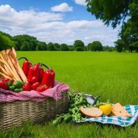 uma cesta cheio do frutas e bebidas para piquenique. piquenique alimentos em uma verde lindo lugar. generativo ai, ai generativo foto