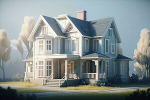 3d Renderização do uma clássico americano casa com uma lindo jardim, realista clássico casa, ai gerado foto