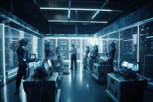 uma grupo do robôs trabalhando dentro uma moderno fábrica, 3d Renderização, futurista ai robô trabalhadores trabalhando dentro a indústria, ai gerado foto
