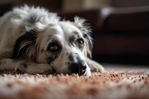 retrato do fronteira collie cachorro deitado em a tapete às lar, fechar-se do uma cachorro deitado em a tapete às lar, ai gerado foto