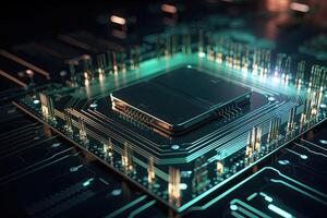 3d Renderização do CPU lasca em o circuito borda com microchips, futurista microchip superfície fechar-se com brilhando luz, ai gerado foto