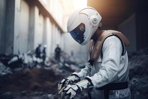 astronauta dentro capacete e traje espacial trabalhando em carvão meu. futurista ai robô faz-tudo trabalhando em uma construir, ai gerado foto