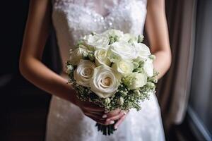 lindo Casamento ramalhete do branco rosas dentro a mãos do a noiva, noiva segurando uma lindo Casamento ramalhete fechar para dela peito, ai gerado foto