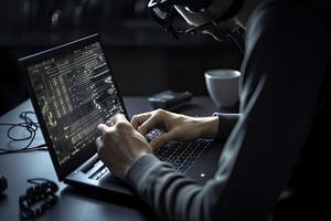 hacker trabalhando em computador dentro Sombrio escritório. cibercrime conceito. uma programadores traseiro Visão fechar-se fazendo programação , ai gerado foto