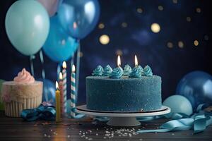 aniversário bolo com velas e balões em de madeira mesa. tonificado imagem, azul aniversário bolo com presente caixas confete e balão, ai gerado foto