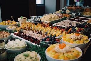 refeições Casamento bufê com diferente Comida lanches e aperitivos. refeições banquete e Comida decoração dentro a restaurante, ai gerado foto