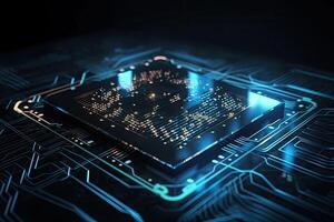 fechar acima do eletrônico o circuito e microchip. 3d Renderização, o circuito borda holograma com binário dígitos e tecnologia, ai gerado foto