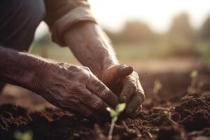 fechar-se do Senior homem plantio mudas dentro a terra às pôr do sol, fechar-se do uma agricultores mãos plantio árvore, ai gerado foto