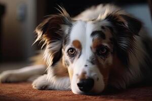 retrato do uma fofa australiano pastor cachorro deitado em a tapete, fechar-se do uma cachorro deitado em a tapete às lar, ai gerado foto