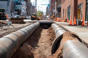 deitado esgoto tubos dentro a cidade. instalação do subterrâneo comunicações. cidade rua manutenção e construção, ai gerado foto