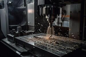 a cnc moagem máquina corte a metal parte com a moagem ferramenta. a Oi tecnologia mofo e morrer fabricação processo. cnc máquina ferramenta dentro uma metal fábrica corte metal, ai gerado foto